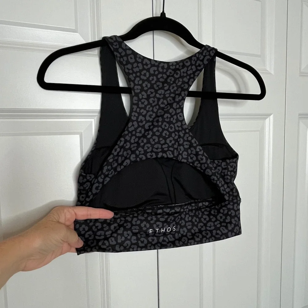 Ethos Leopard Print Longline‎ Sports Bra Black Gray Large